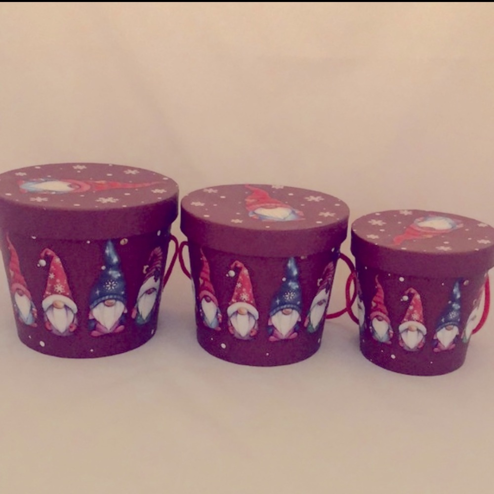 Stackable Christmas Gift Box Set, 3 Burgundy Gnomes Nesting Pails, Nesting Boxes